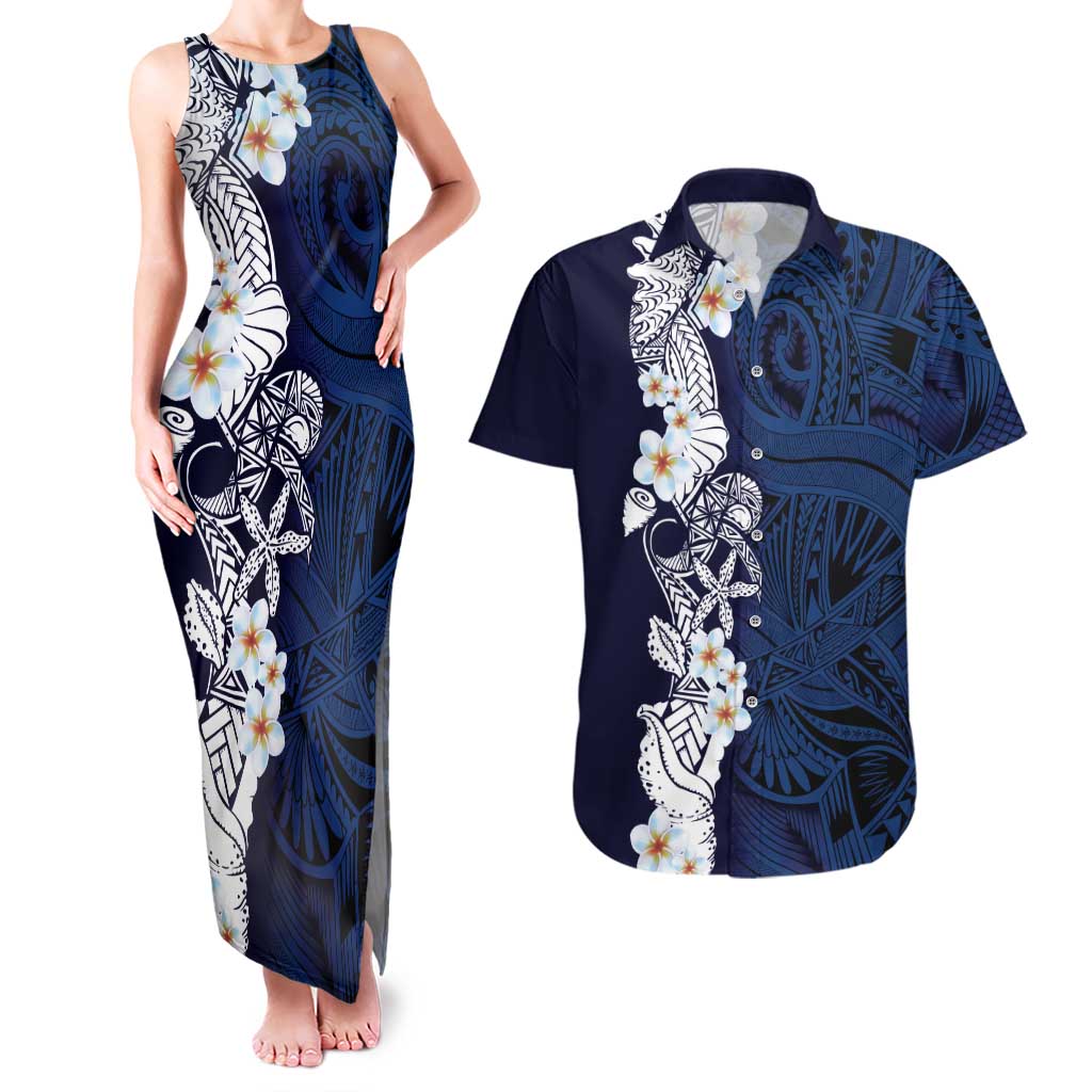 Blue Samoa Tattoo Couples Matching Tank Maxi Dress and Hawaiian Shirt Plumeria Samoan Ocean Tatau Pattern LT14 Blue - Polynesian Pride