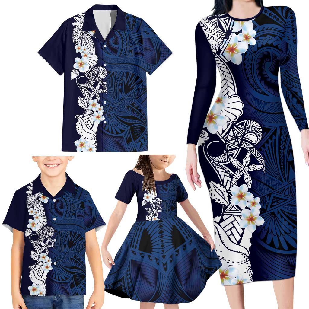 Blue Samoa Tattoo Family Matching Long Sleeve Bodycon Dress and Hawaiian Shirt Plumeria Samoan Ocean Tatau Pattern - Polynesian Pride