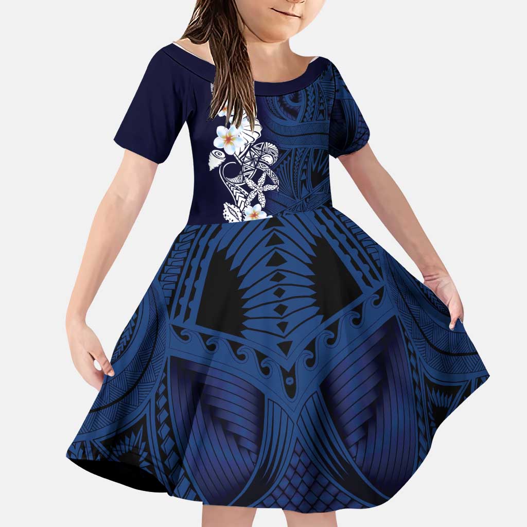 Blue Samoa Tattoo Family Matching Mermaid Dress and Hawaiian Shirt Plumeria Samoan Ocean Tatau Pattern LT14 Daughter's Dress Blue - Polynesian Pride
