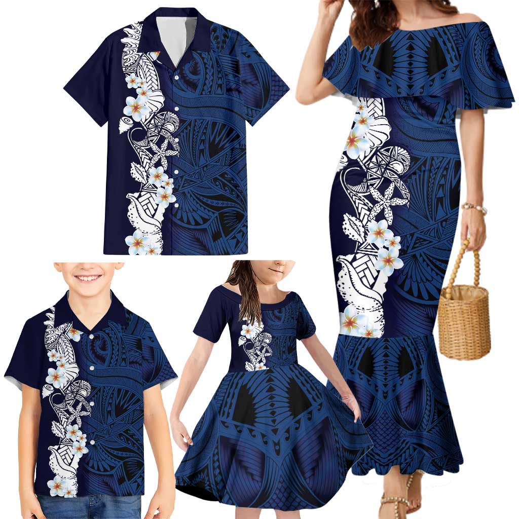 Blue Samoa Tattoo Family Matching Mermaid Dress and Hawaiian Shirt Plumeria Samoan Ocean Tatau Pattern LT14 - Polynesian Pride