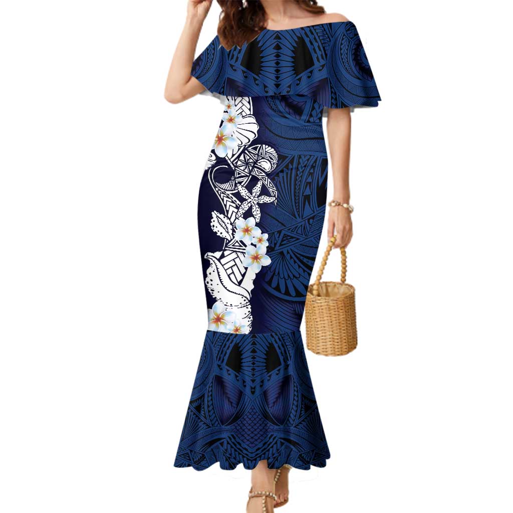 Blue Samoa Tattoo Family Matching Mermaid Dress and Hawaiian Shirt Plumeria Samoan Ocean Tatau Pattern LT14 Mom's Dress Blue - Polynesian Pride