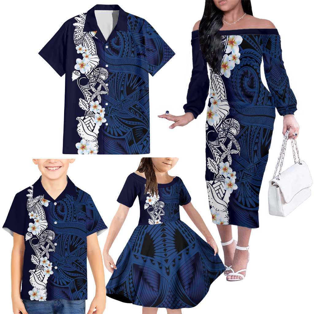 Blue Samoa Tattoo Family Matching Off The Shoulder Long Sleeve Dress and Hawaiian Shirt Plumeria Samoan Ocean Tatau Pattern LT14 - Polynesian Pride