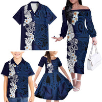 Blue Samoa Tattoo Family Matching Off The Shoulder Long Sleeve Dress and Hawaiian Shirt Plumeria Samoan Ocean Tatau Pattern LT14 - Polynesian Pride