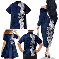 Blue Samoa Tattoo Family Matching Off The Shoulder Long Sleeve Dress and Hawaiian Shirt Plumeria Samoan Ocean Tatau Pattern LT14 - Polynesian Pride