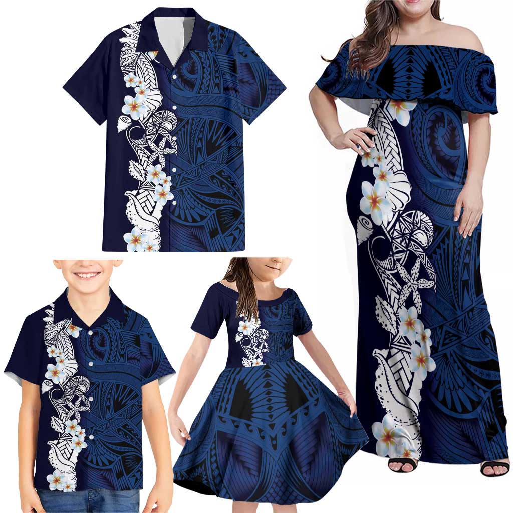 Blue Samoa Tattoo Family Matching Off Shoulder Maxi Dress and Hawaiian Shirt Plumeria Samoan Ocean Tatau Pattern LT14 - Polynesian Pride