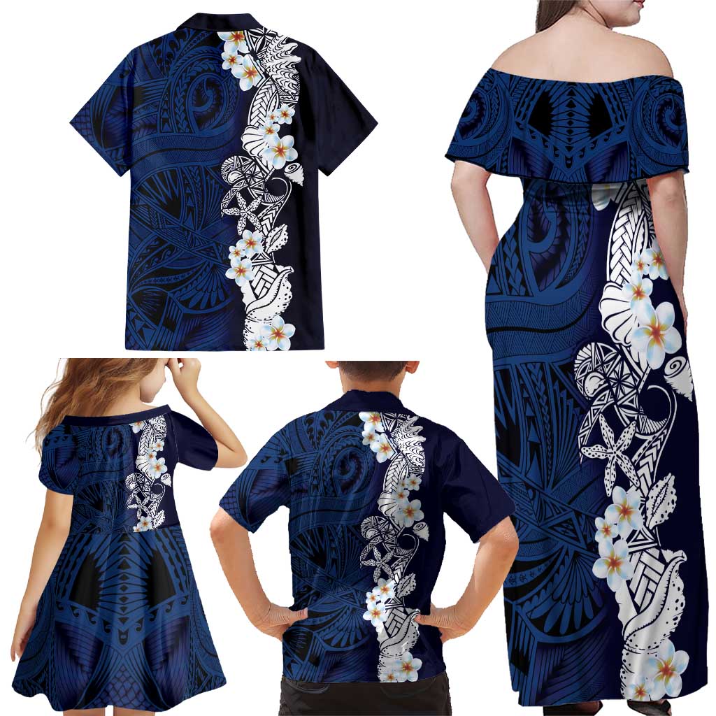 Blue Samoa Tattoo Family Matching Off Shoulder Maxi Dress and Hawaiian Shirt Plumeria Samoan Ocean Tatau Pattern LT14 - Polynesian Pride