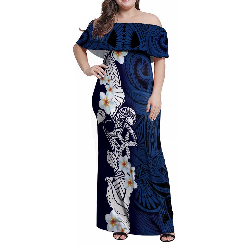 Blue Samoa Tattoo Family Matching Off Shoulder Maxi Dress and Hawaiian Shirt Plumeria Samoan Ocean Tatau Pattern LT14 Mom's Dress Blue - Polynesian Pride