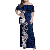 Blue Samoa Tattoo Family Matching Off Shoulder Maxi Dress and Hawaiian Shirt Plumeria Samoan Ocean Tatau Pattern LT14 Mom's Dress Blue - Polynesian Pride
