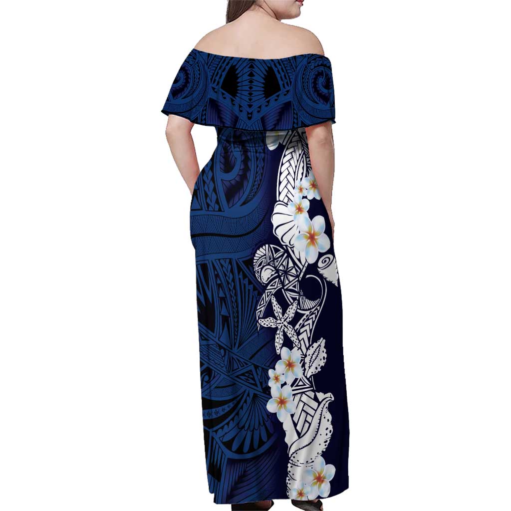Blue Samoa Tattoo Family Matching Off Shoulder Maxi Dress and Hawaiian Shirt Plumeria Samoan Ocean Tatau Pattern LT14 - Polynesian Pride