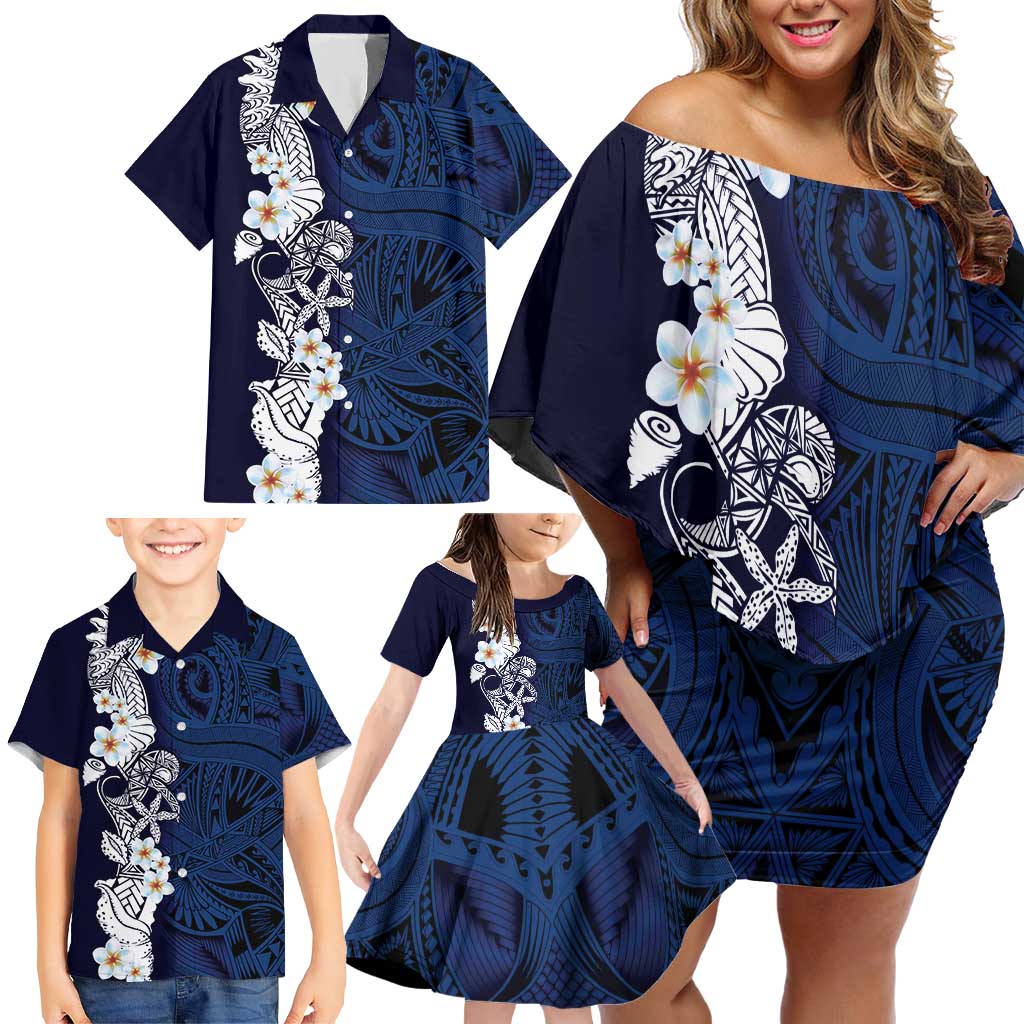 Blue Samoa Tattoo Family Matching Off Shoulder Short Dress and Hawaiian Shirt Plumeria Samoan Ocean Tatau Pattern - Polynesian Pride