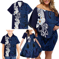 Blue Samoa Tattoo Family Matching Off Shoulder Short Dress and Hawaiian Shirt Plumeria Samoan Ocean Tatau Pattern LT14 - Polynesian Pride