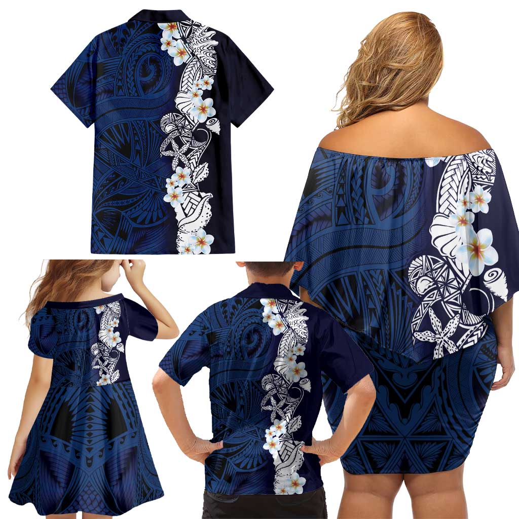 Blue Samoa Tattoo Family Matching Off Shoulder Short Dress and Hawaiian Shirt Plumeria Samoan Ocean Tatau Pattern LT14 - Polynesian Pride