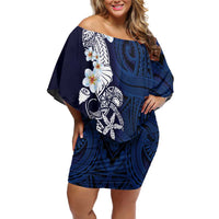 Blue Samoa Tattoo Family Matching Off Shoulder Short Dress and Hawaiian Shirt Plumeria Samoan Ocean Tatau Pattern LT14 Mom's Dress Blue - Polynesian Pride
