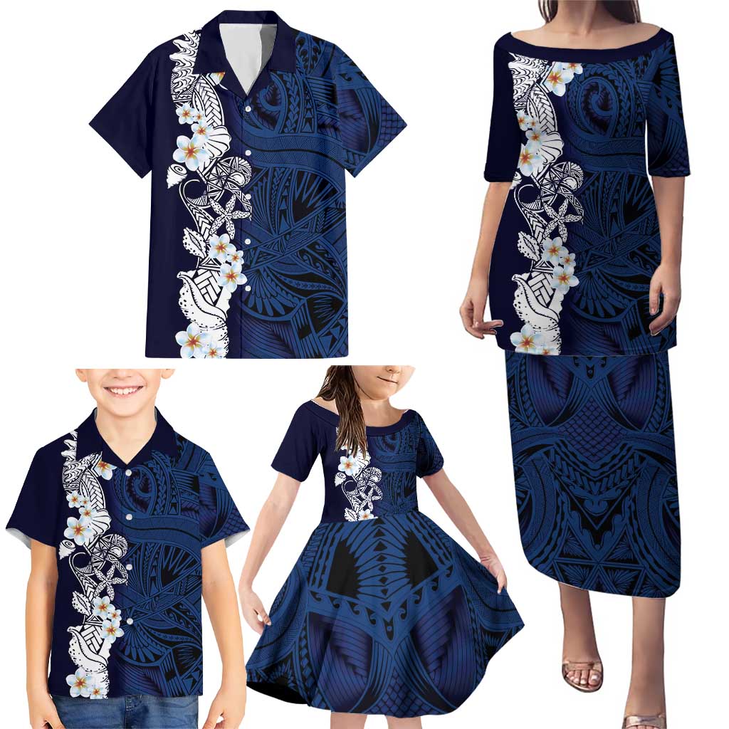 Blue Samoa Tattoo Family Matching Puletasi and Hawaiian Shirt Plumeria Samoan Ocean Tatau Pattern - Polynesian Pride