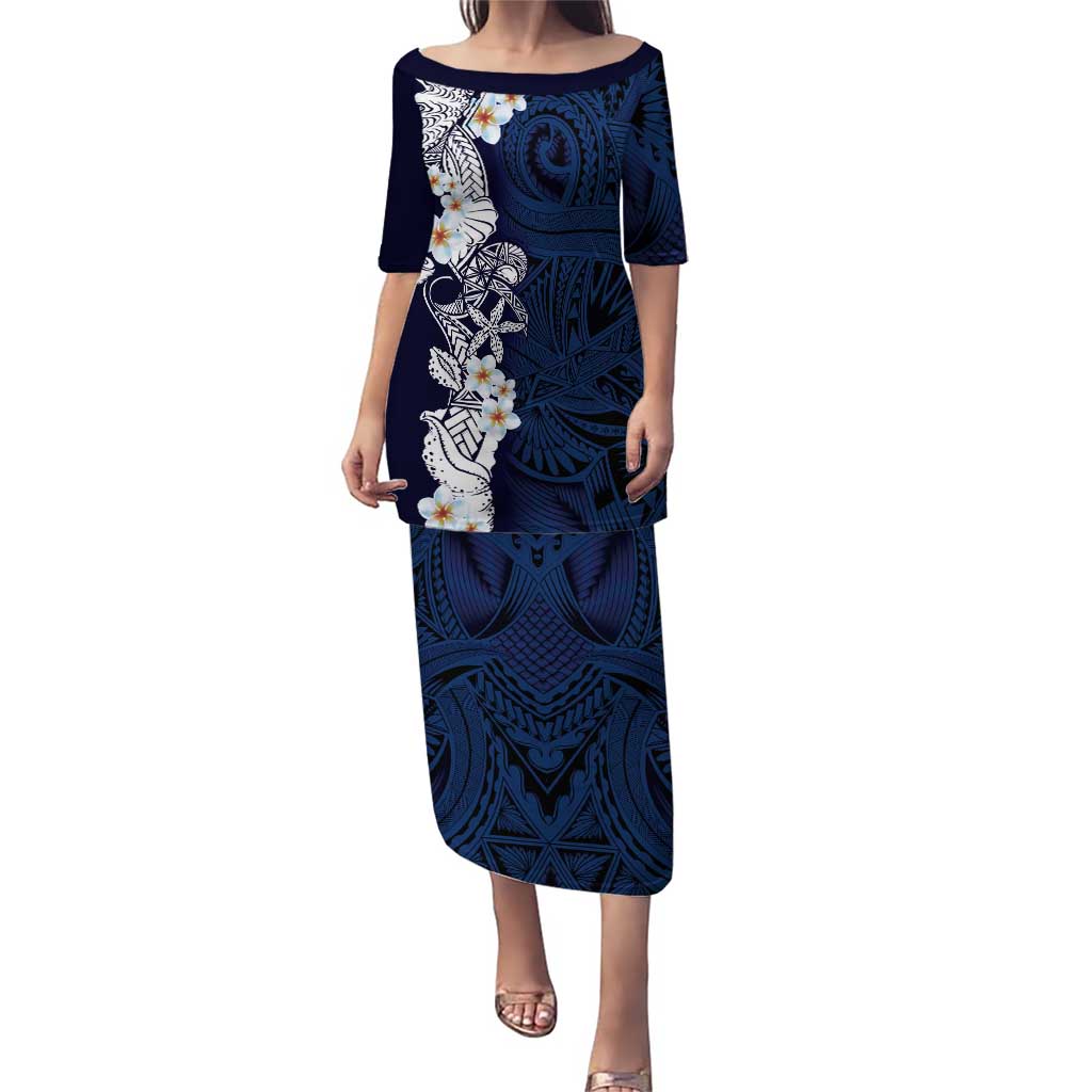 Blue Samoa Tattoo Family Matching Puletasi and Hawaiian Shirt Plumeria Samoan Ocean Tatau Pattern LT14 Mom's Dress Blue - Polynesian Pride