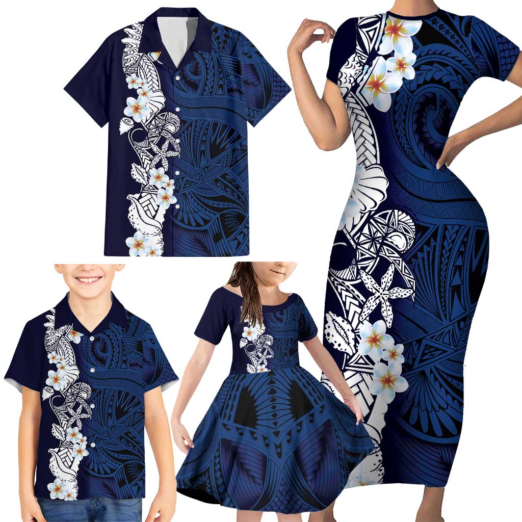 Blue Samoa Tattoo Family Matching Short Sleeve Bodycon Dress and Hawaiian Shirt Plumeria Samoan Ocean Tatau Pattern LT14 - Polynesian Pride