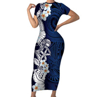 Blue Samoa Tattoo Family Matching Short Sleeve Bodycon Dress and Hawaiian Shirt Plumeria Samoan Ocean Tatau Pattern LT14 Mom's Dress Blue - Polynesian Pride