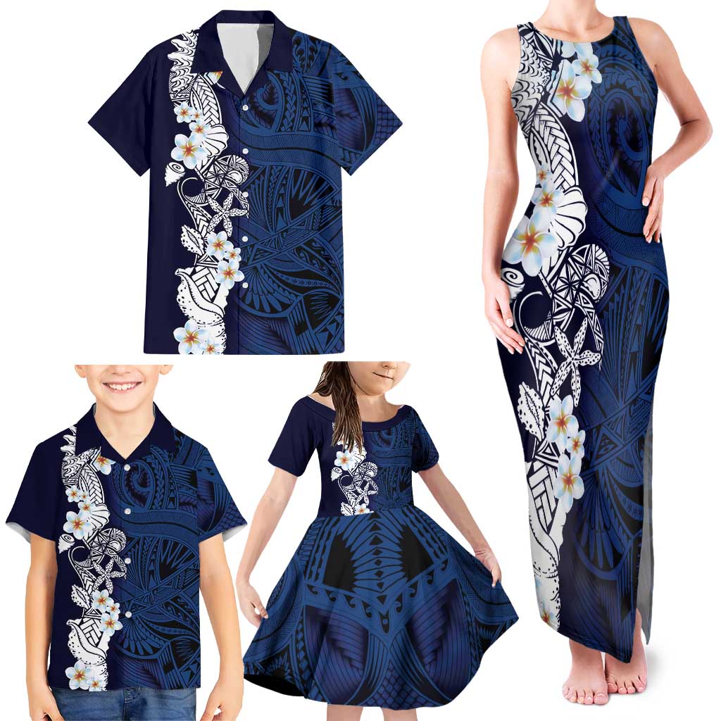 Blue Samoa Tattoo Family Matching Tank Maxi Dress and Hawaiian Shirt Plumeria Samoan Ocean Tatau Pattern LT14 - Polynesian Pride