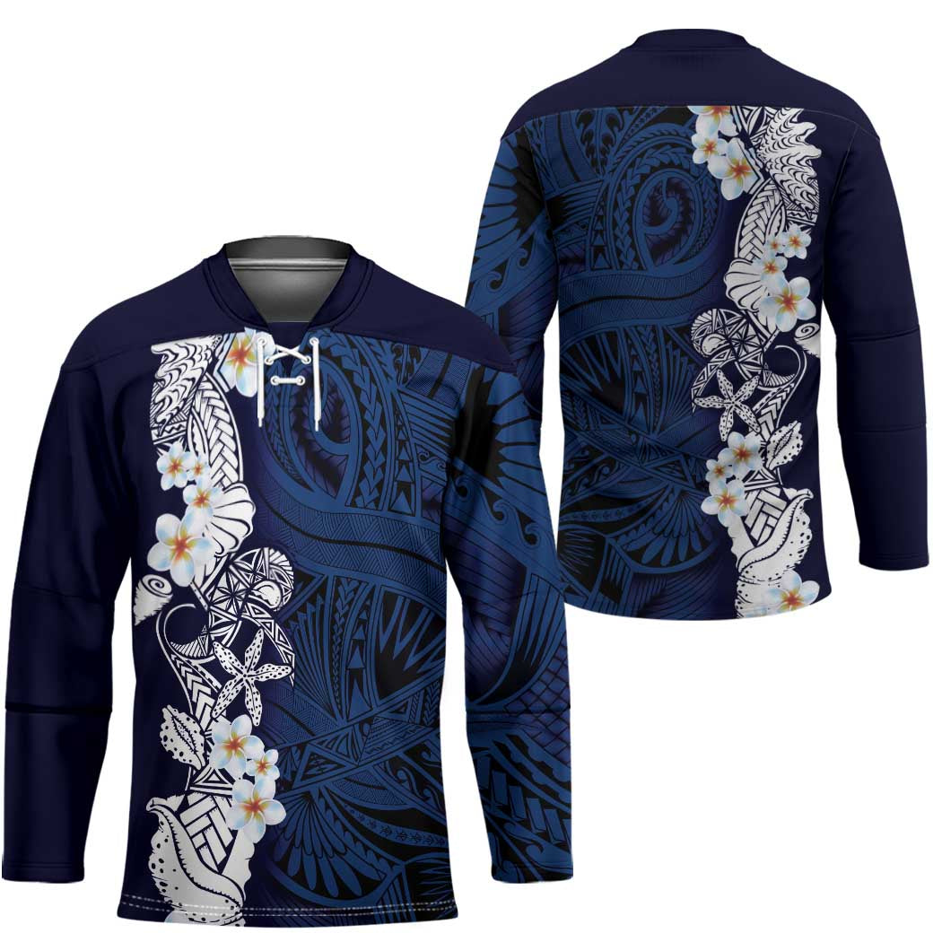 Blue Samoa Tattoo Hockey Jersey Plumeria Samoan Ocean Tatau Pattern - Polynesian Pride