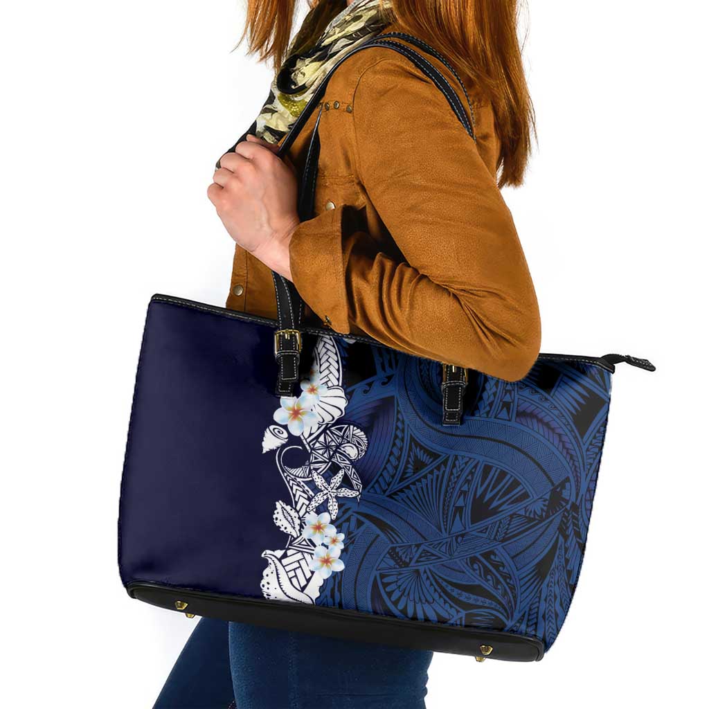 Blue Samoa Tattoo Leather Tote Bag Plumeria Samoan Ocean Tatau Pattern LT14 Blue - Polynesian Pride