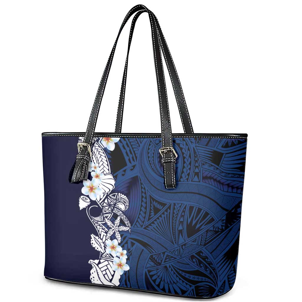 Blue Samoa Tattoo Leather Tote Bag Plumeria Samoan Ocean Tatau Pattern LT14 - Polynesian Pride