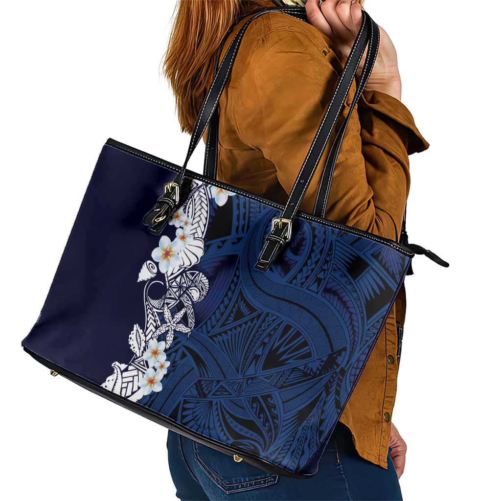 Blue Samoa Tattoo Leather Tote Bag Plumeria Samoan Ocean Tatau Pattern LT14 - Polynesian Pride