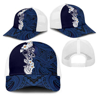 Blue Samoa Tattoo Mesh Trucker Cap Plumeria Samoan Ocean Tatau Pattern - Polynesian Pride