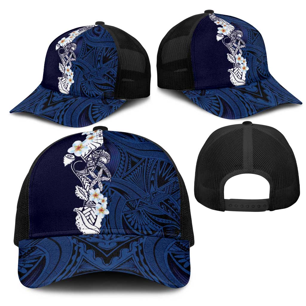 Blue Samoa Tattoo Mesh Trucker Cap Plumeria Samoan Ocean Tatau Pattern - Polynesian Pride