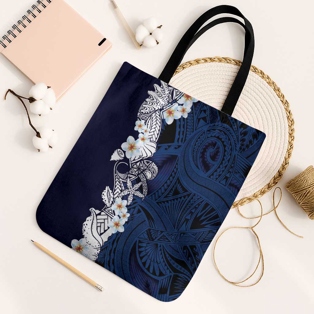 Blue Samoa Tattoo Tote Bag Plumeria Samoan Ocean Tatau Pattern - Polynesian Pride