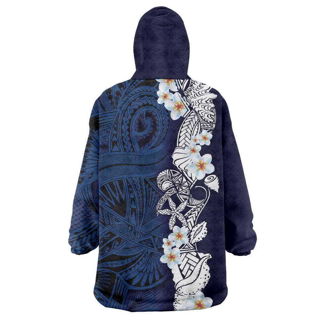Blue Samoa Tattoo Wearable Blanket Hoodie Plumeria Samoan Ocean Tatau Pattern LT14 - Polynesian Pride