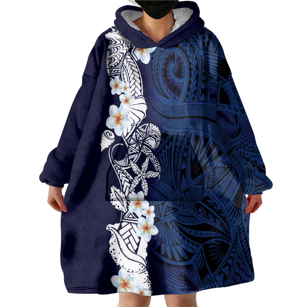 Blue Samoa Tattoo Wearable Blanket Hoodie Plumeria Samoan Ocean Tatau Pattern LT14 - Polynesian Pride