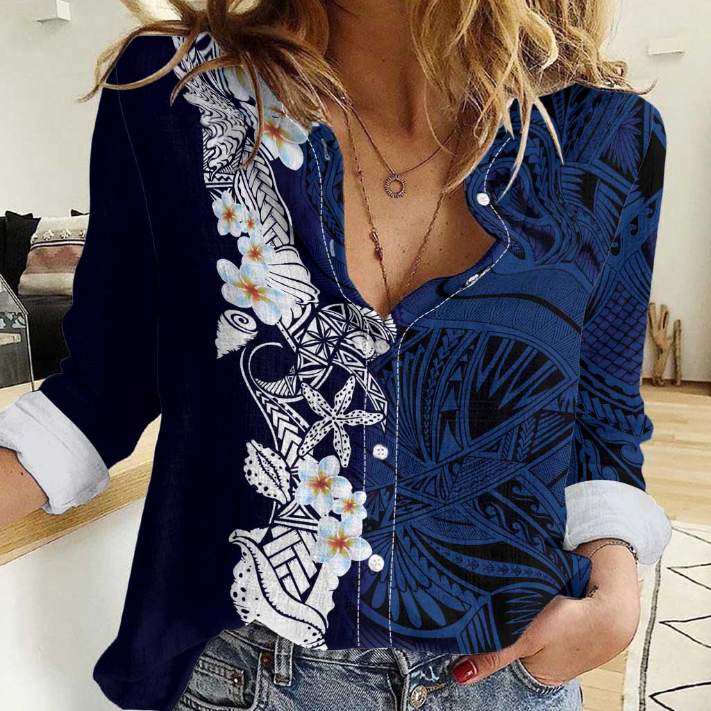 Blue Samoa Tattoo Women Casual Shirt Plumeria Samoan Ocean Tatau Pattern - Polynesian Pride
