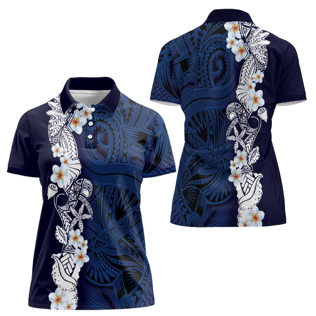Blue Samoa Tattoo Women Polo Shirt Plumeria Samoan Ocean Tatau Pattern - Polynesian Pride