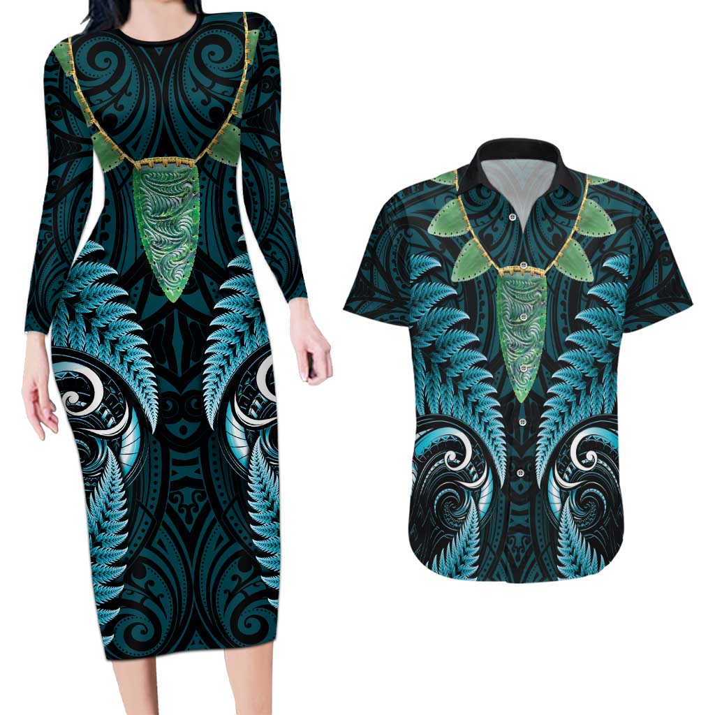 Aotearoa Pounamu Niho Couples Matching Long Sleeve Bodycon Dress and Hawaiian Shirt Silver Fern Mix Maori Pattern - Turquoise LT14 Turquoise - Polynesian Pride