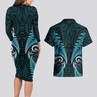 Aotearoa Pounamu Niho Couples Matching Long Sleeve Bodycon Dress and Hawaiian Shirt Silver Fern Mix Maori Pattern - Turquoise LT14 - Polynesian Pride