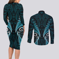 Aotearoa Pounamu Niho Couples Matching Long Sleeve Bodycon Dress and Long Sleeve Button Shirt Silver Fern Mix Maori Pattern - Turquoise LT14 - Polynesian Pride