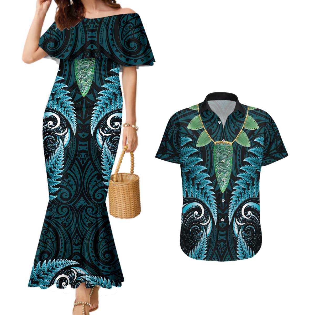 Aotearoa Pounamu Niho Couples Matching Mermaid Dress and Hawaiian Shirt Silver Fern Mix Maori Pattern - Turquoise LT14 Turquoise - Polynesian Pride