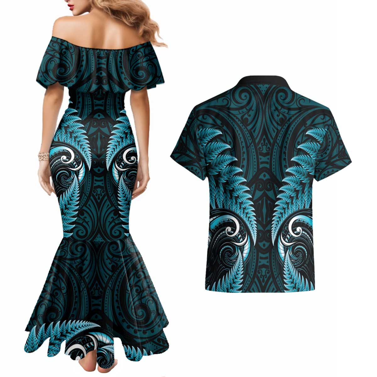 Aotearoa Pounamu Niho Couples Matching Mermaid Dress and Hawaiian Shirt Silver Fern Mix Maori Pattern - Turquoise LT14 - Polynesian Pride