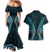 Aotearoa Pounamu Niho Couples Matching Mermaid Dress and Hawaiian Shirt Silver Fern Mix Maori Pattern - Turquoise LT14 - Polynesian Pride