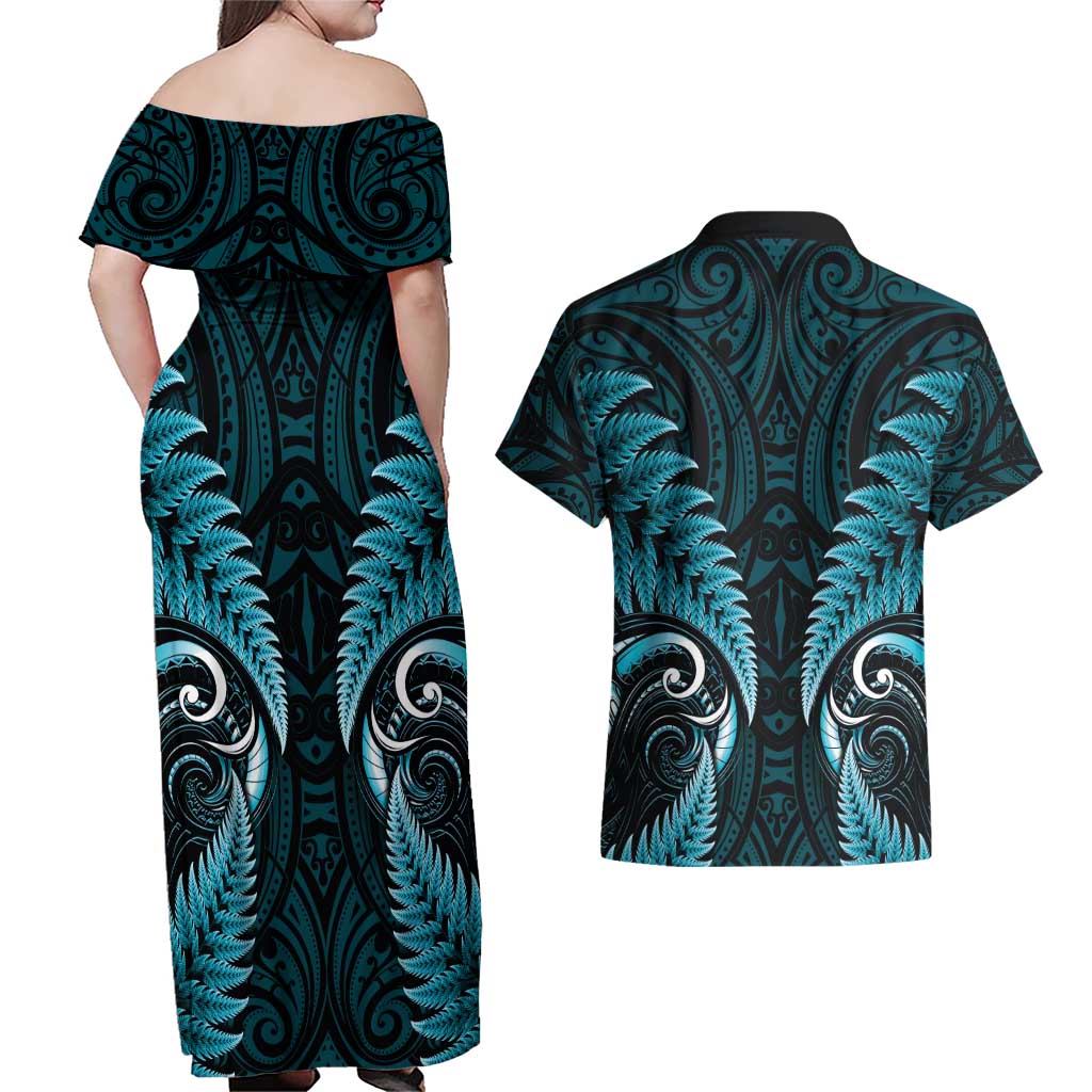 Aotearoa Pounamu Niho Couples Matching Off Shoulder Maxi Dress and Hawaiian Shirt Silver Fern Mix Maori Pattern - Turquoise LT14 - Polynesian Pride