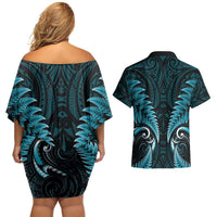 Aotearoa Pounamu Niho Couples Matching Off Shoulder Short Dress and Hawaiian Shirt Silver Fern Mix Maori Pattern - Turquoise LT14 - Polynesian Pride