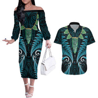 Aotearoa Pounamu Niho Couples Matching Off The Shoulder Long Sleeve Dress and Hawaiian Shirt Silver Fern Mix Maori Pattern - Turquoise LT14 Turquoise - Polynesian Pride
