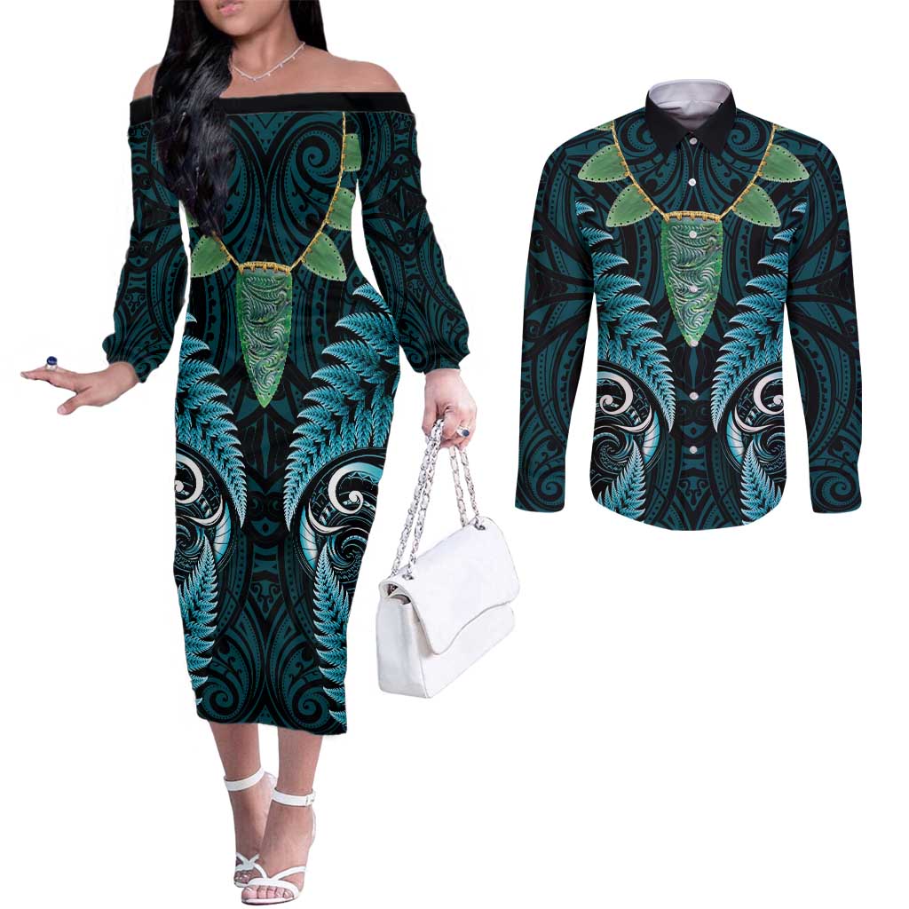 Aotearoa Pounamu Niho Couples Matching Off The Shoulder Long Sleeve Dress and Long Sleeve Button Shirt Silver Fern Mix Maori Pattern - Turquoise LT14 Turquoise - Polynesian Pride