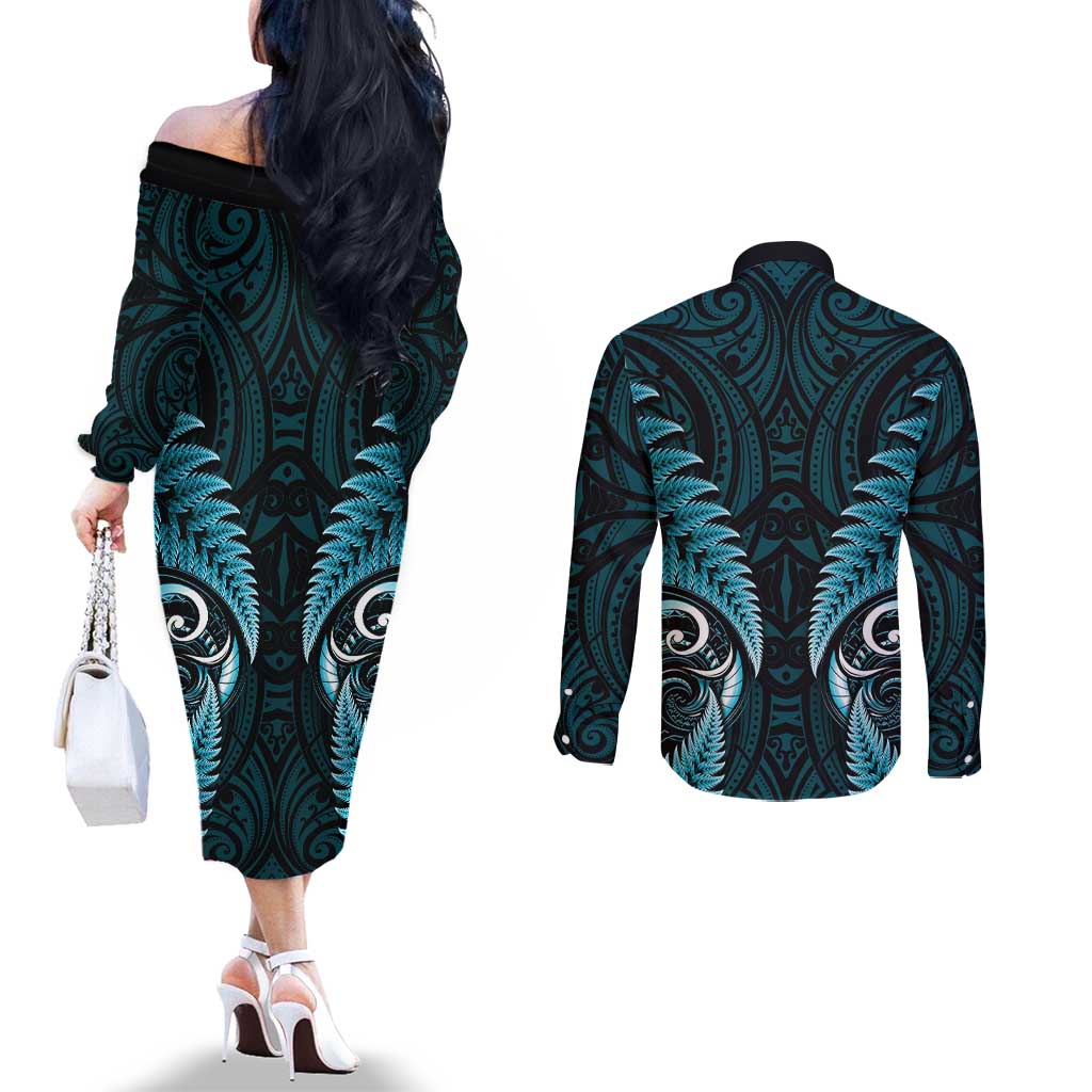 Aotearoa Pounamu Niho Couples Matching Off The Shoulder Long Sleeve Dress and Long Sleeve Button Shirt Silver Fern Mix Maori Pattern - Turquoise LT14 - Polynesian Pride