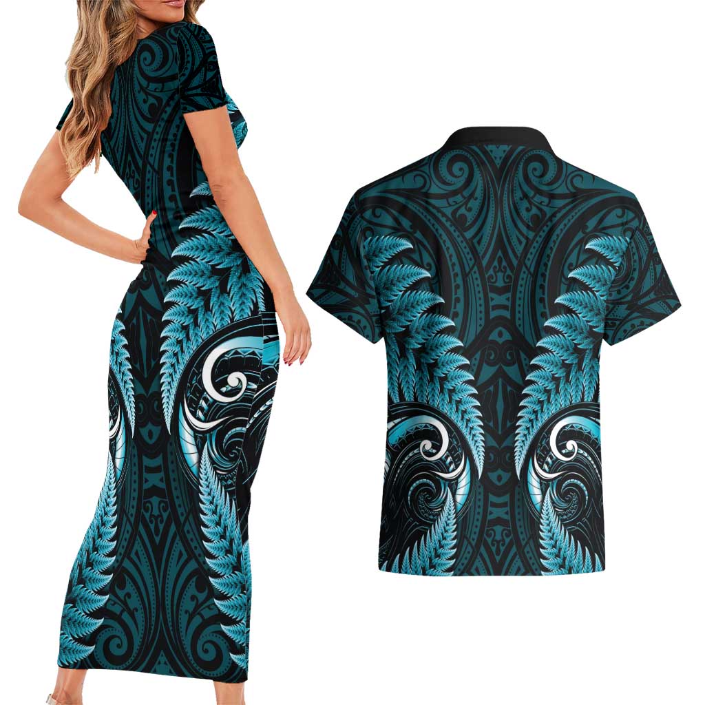 Aotearoa Pounamu Niho Couples Matching Short Sleeve Bodycon Dress and Hawaiian Shirt Silver Fern Mix Maori Pattern - Turquoise LT14 - Polynesian Pride