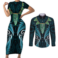 Aotearoa Pounamu Niho Couples Matching Short Sleeve Bodycon Dress and Long Sleeve Button Shirt Silver Fern Mix Maori Pattern - Turquoise LT14 Turquoise - Polynesian Pride
