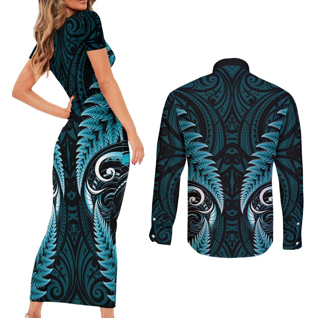 Aotearoa Pounamu Niho Couples Matching Short Sleeve Bodycon Dress and Long Sleeve Button Shirt Silver Fern Mix Maori Pattern - Turquoise LT14 - Polynesian Pride