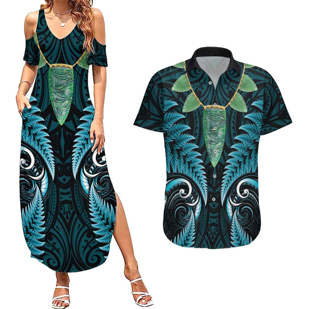 Aotearoa Pounamu Niho Couples Matching Summer Maxi Dress and Hawaiian Shirt Silver Fern Mix Maori Pattern - Turquoise LT14 Turquoise - Polynesian Pride