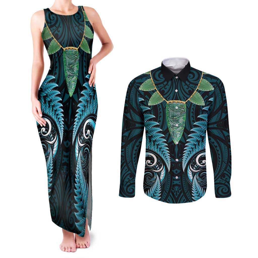 Aotearoa Pounamu Niho Couples Matching Tank Maxi Dress and Long Sleeve Button Shirt Silver Fern Mix Maori Pattern - Turquoise LT14 Turquoise - Polynesian Pride