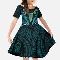 Aotearoa Pounamu Niho Family Matching Mermaid Dress and Hawaiian Shirt Silver Fern Mix Maori Pattern - Turquoise LT14 Daughter's Dress Turquoise - Polynesian Pride
